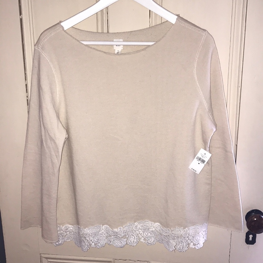 Women's Cream Lace-Hem Long Sleeve Top